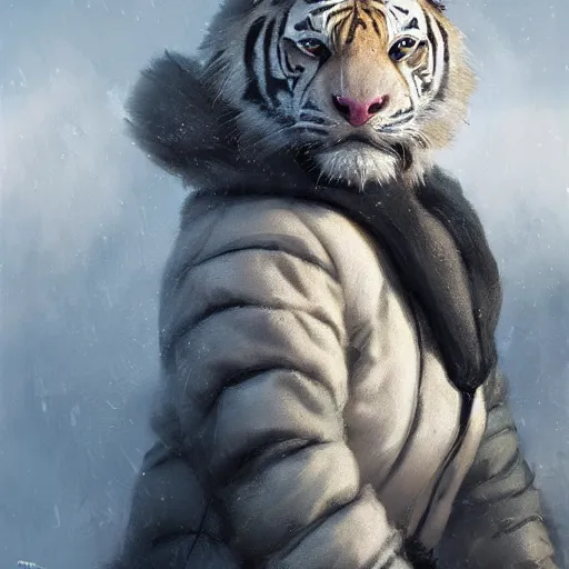 Image similar to a beautfiul award winning aesthetic commission of an antrho albino tiger wearing a black padded hooded puffer jacket,digital art,art by greg rutkowski,character design by charles bowater,ross tran,photorealistic,detailed face,hyperdetailed,western comic,2021,artstation,deviantart