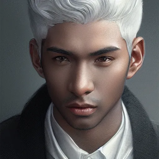 Image similar to ultra realistic illustration, young man with dark gray skin, short white hair, intricate, with dark clothes, elegant, highly detailed, digital painting, artstation, concept art, smooth, sharp focus, illustration, art by artgerm and greg rutkowski and alphonse mucha