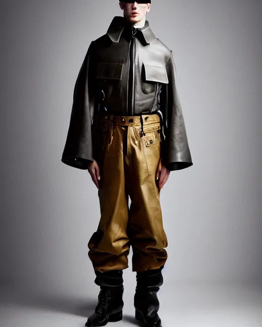 Prompt: an award - winning editorial photo of an irradecent extremely baggy but cropped ancient medieval designer menswear leather police jacket with an oversized large collar and baggy bootcut trousers designed by alexander mcqueen, 4 k, studio lighting, wide angle lens