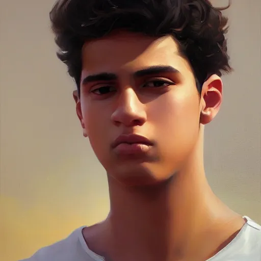 Image similar to oil painting by ilya kuvshinov,, baugh casey, rhads, coby whitmore, of a youthful persian - indian college student, male, curly black hair, outdoors, highly detailed, breathtaking face, studio photography, dawn, intense subsurface scattering, blush, supple look, innocence, intense sunlight