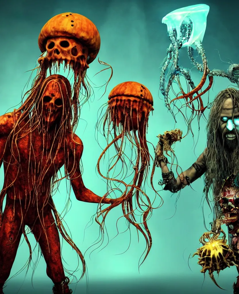 Image similar to Rob Zombie and Captain Spalding (The Devils Rejects), epic angle and pose, symmetrical artwork, 3d with depth of field, blurred background, cybernetic jellyfish female face skull phoenix bird, translucent, nautilus, energy flows of water and fire. a highly detailed epic cinematic concept art CG render. made in Maya, Blender and Photoshop, octane render, excellent composition, cinematic dystopian brutalist atmosphere, dynamic dramatic cinematic lighting, aesthetic, very inspirational, arthouse. y Greg Rutkowski, Ilya Kuvshinov, WLOP, Stanley Artgerm Lau, Ruan Jia and Fenghua Zhong