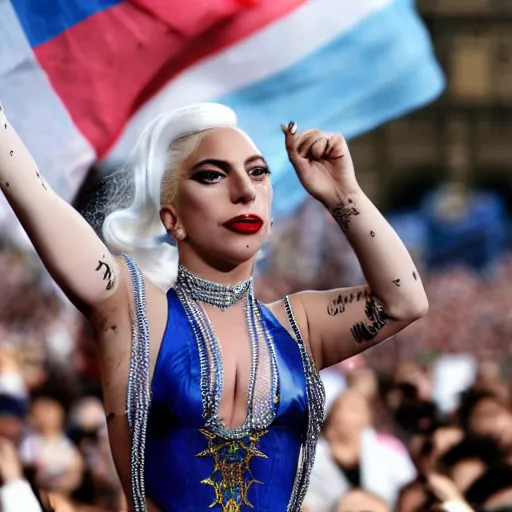 Image similar to Lady Gaga as Evita, Argentina presidential rally, Argentine flags behind, bokeh, epic photo, detailed, Argentina