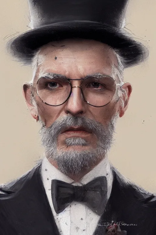 Prompt: a man grey hair with stubble top hat and suit by Greg Rutkowski, painting, portrait, high details, trending on artstation