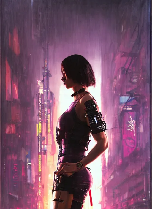 Prompt: Nikki Tanaka. Cyberpunk hitwoman in fashionable clothes (blade runner 2049, cyberpunk 2077). Orientalist portrait by john william waterhouse and James Gurney and Theodore Ralli and Nasreddine Dinet, oil on canvas. Cinematic, hyper realism, realistic proportions, dramatic lighting, high detail 4k