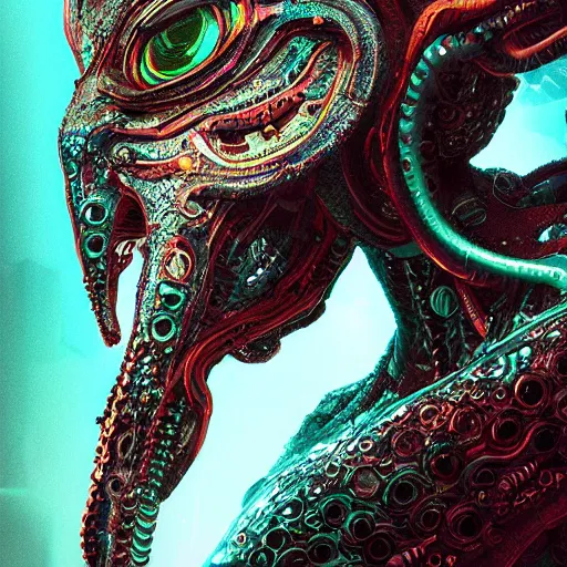 Image similar to portrait of a squid monster. intricate abstract. cyberpunk, intricate artwork. neon eyes, by Tooth Wu, wlop, beeple. octane render, trending on artstation, greg rutkowski very coherent symmetrical artwork. cinematic, hyper realism, high detail, octane render, 8k