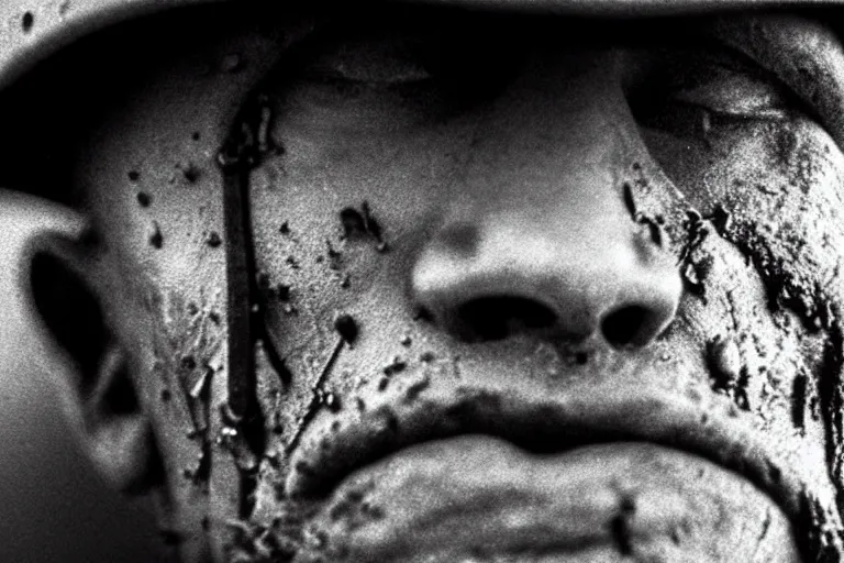 Prompt: An extreme close-up of a WW1 soldier's face, high anxiety, mud, grime, sweat, filth, dramatic lighting, ARRI ALEXA Mini LF, ARRI Signature Prime 35mm T 1.8 Lens, 4K film still by Sam Mendes, Roger Deakins,