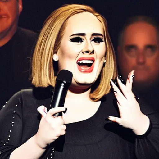 Image similar to Adele with Danny Devito face transplant, concert, live performance, full body shot