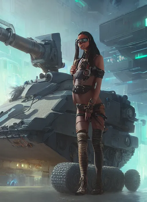 Image similar to portrait of a cyberpunk girl sitting on a tank, d & d, heartstone, digital painting, volumetric light, intricate, sharp, focus, bloom, illustration, highly detailed, concept art, matte, ruan jia, randy vargas, greg rutkowski