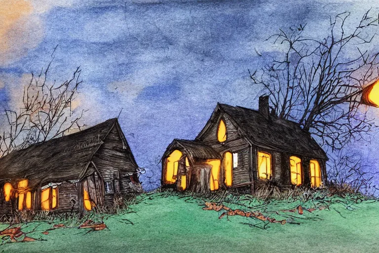 Image similar to old abandoned house on halloween night, pumpkins lit on the porch, colored pencil ink wash by scott wills and ashley wood