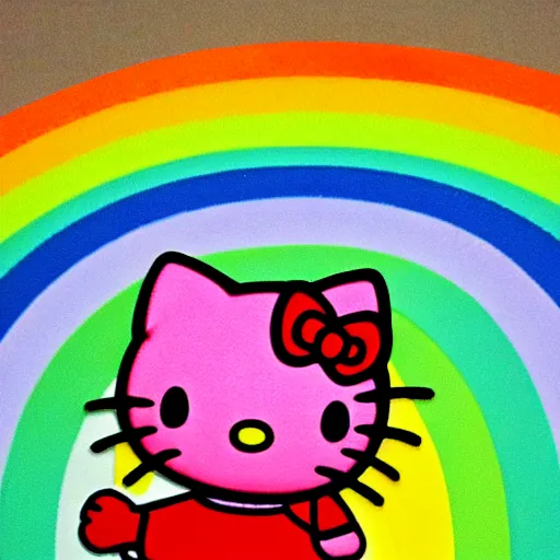 Prompt: Hello kitty standing on a rainbow,