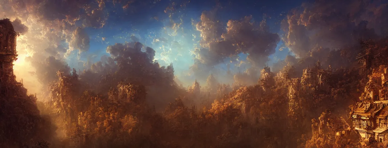 Image similar to a beautiful landscape painting of steampunk landscape, a junk nebula in the sky by jean - honore fragonard and don bluth and makoto shinkai, trending on artstation, octane render