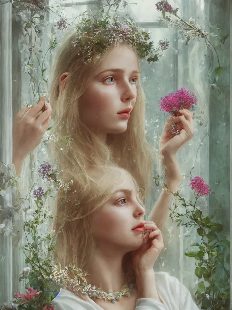 Image similar to a blonde girl in white dress in beautiful window, necklace with a fruit seed ornament, ocean eyes, light freckles, incense smoke and flowers in the background, portrait, mucha, conceptart, medium shot, unreal, octane, symmetrical, photorealism.