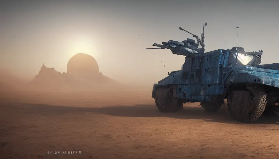 Image similar to an image of an armored vehicle in the desert with blue headlights on by Paul Chadeisson, atmospherical, concept art, high detail, intimidating , cinematic, sun flare, dust storm , Artstation trending, octane render