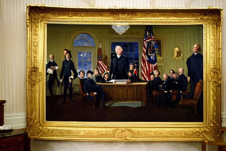 Image similar to a grand portrait of a tall terrifying alien president in the white house oval office. majestic room. he is surrounded by advisors. in the style of american impressionist painting. in the style of 1 8 0 0 s romanticism painting. in the victorian era. fantastic composition. dramatic lighting.