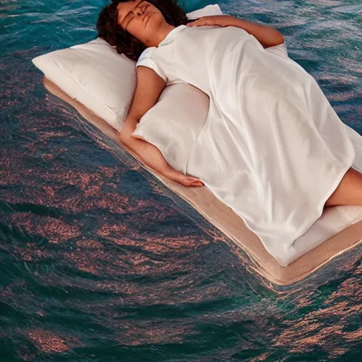 Prompt: a woman sleeping in a bed that is floating in the ocean