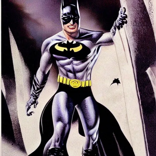 Image similar to young jeff goldblum as batman taking off mask, muscular, batman t shirt, film still, joe jusko, boris vallejo