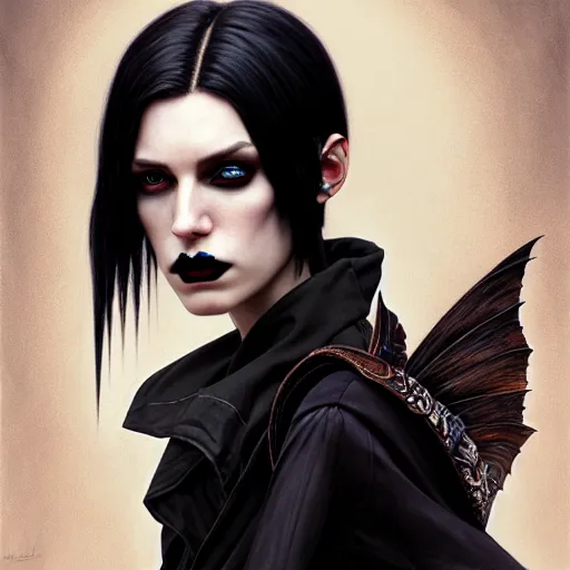 Image similar to portrait painting of an androgynous witch with shoulder length black hair pale skin and beautiful eyes wearing a punk clothes, ultra realistic, concept art, intricate details, eerie, highly detailed, photorealistic, octane render, 8 k, unreal engine. art by artgerm and greg rutkowski and magali villeneuve and alphonse mucha