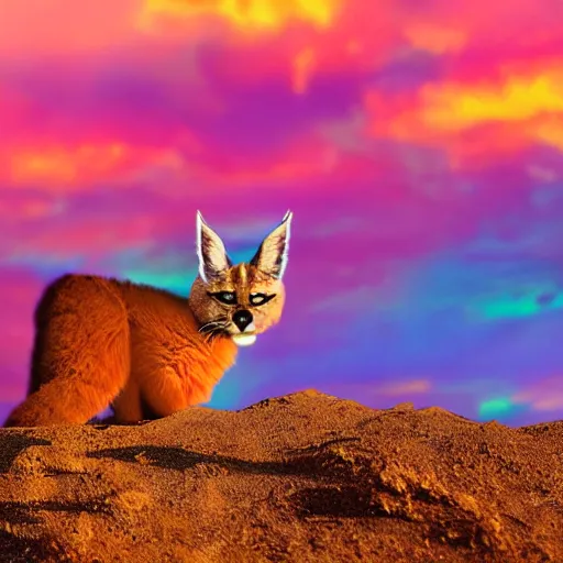 Prompt: a cute fluffy caracal in a sunset light landscape with historical route 6 6, lots of sparkling details and sun ray ’ s, blinding backlight, smoke, volumetric lighting, colorful, octane, 3 5 mm, beautiful epic colored reflections, very colorful heavenly, softlight