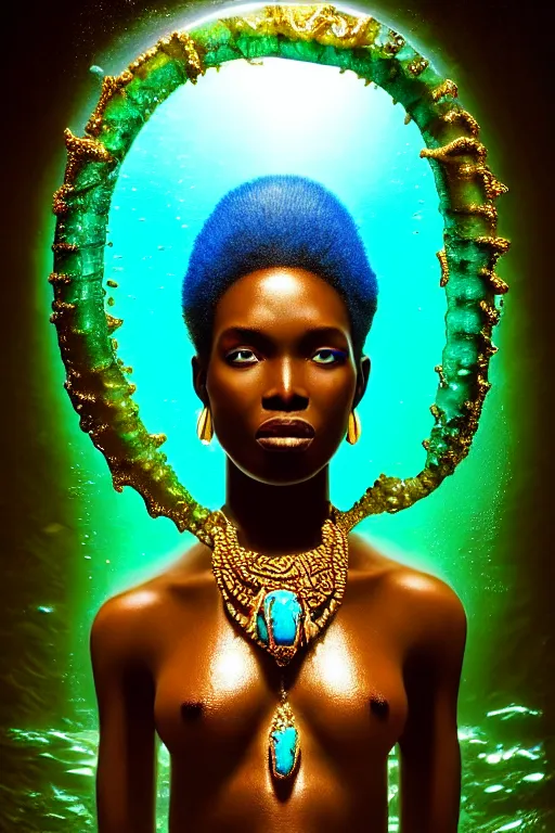 Prompt: hyperrealistic cinematic wide shot of very expressive! translucent!! african goddess, underwater scene with fish and algae, gold jewerly, highly detailed face, digital art masterpiece, eric zener cam de leon, dramatic pearlescent turquoise light on one side, low angle uhd 8 k, shallow depth of field