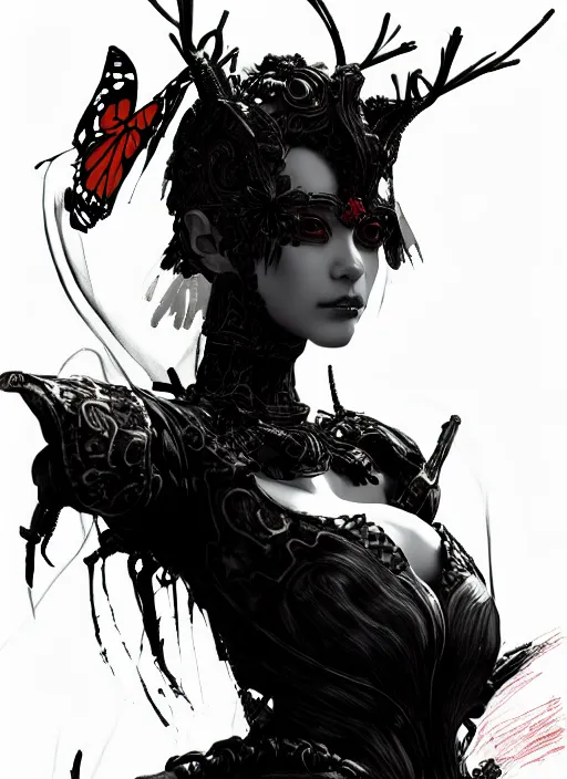 Prompt: portrait of an eerie insect monster female, voice of the queen, butterfly, ornate silk robe. in style of yoji shinkawa and hyung - tae kim, trending on artstation, dark fantasy, great composition, concept art, highly detailed, dynamic pose, vibrant colours.