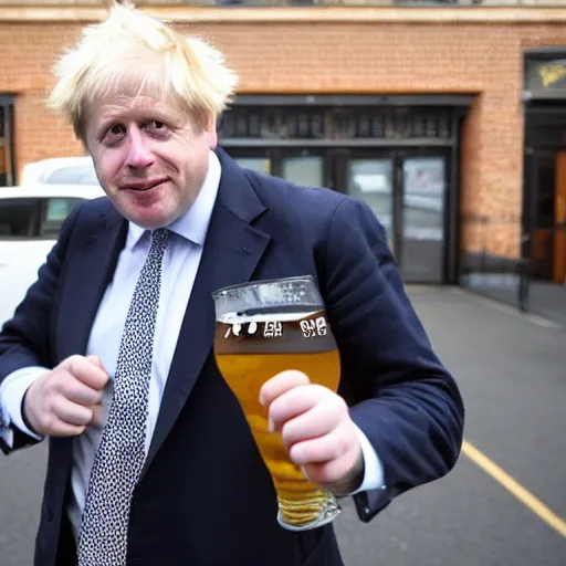 Prompt: boris johnson wearing a kilt, drinking beer and dancing on a parking lot next to a car