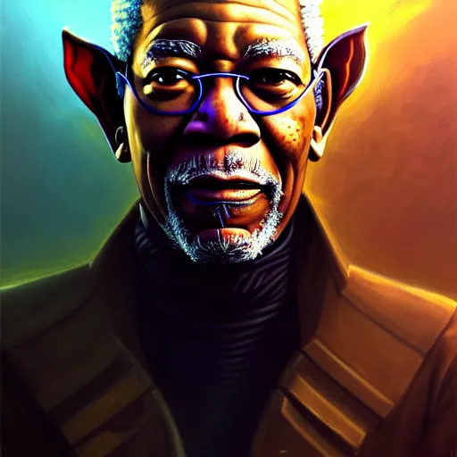 Image similar to portrait painting of a cyberpunk elf corporate boss morgan freeman, sharp focus, award - winning, trending on artstation, masterpiece, highly detailed, intricate. art by charlie bowater and greg staples and elsa beskow and brian froud and jessica rossier