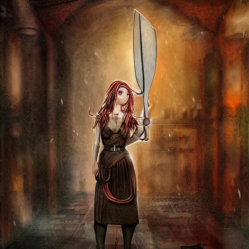 Prompt: historic fantasy, portrait of a determined elven woman, chef's clothing, raining, kitchen knife, city market, depth, digital art, dramatic lighting