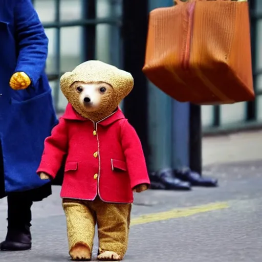 Image similar to paddington bear being deported by Priti Patel