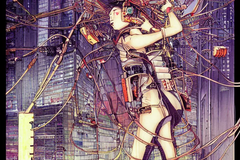 Prompt: an intricate, awe inspiring cyberpunk illustration of a girl with balloon, wires and cables coming out, by masamune shirow and katsuhiro otomo ((colorful))