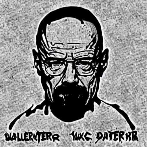 Prompt: walter white on a death metal album cover