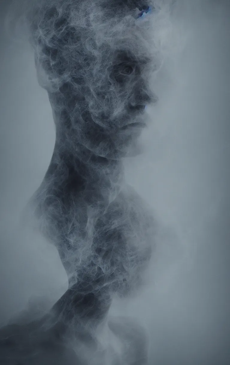 Image similar to portrait ghostly male figure, made of white and black smoke, warm light from behind, cinematic, hyper realistic, hyper detailed, octane render, blue eyes, 8K,