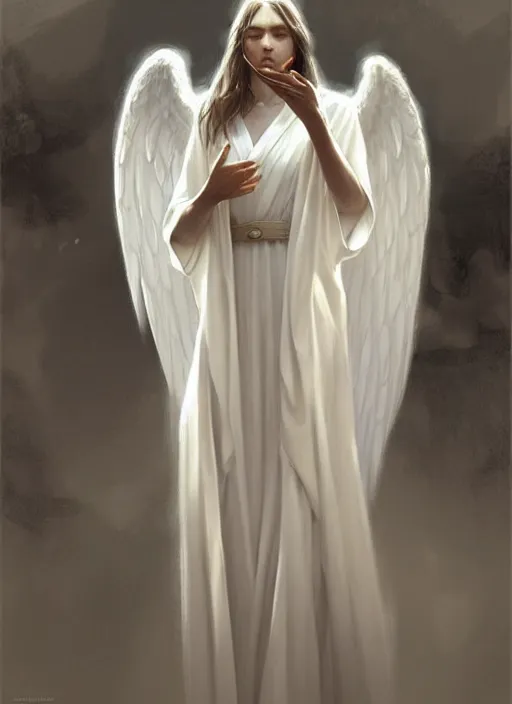 Prompt: angel in white robes. realistic shaded lighting poster by greg rutkowski, magali villeneuve, artgerm, jeremy lipkin and michael garmash, rob rey and kentaro miura style, trending on art station