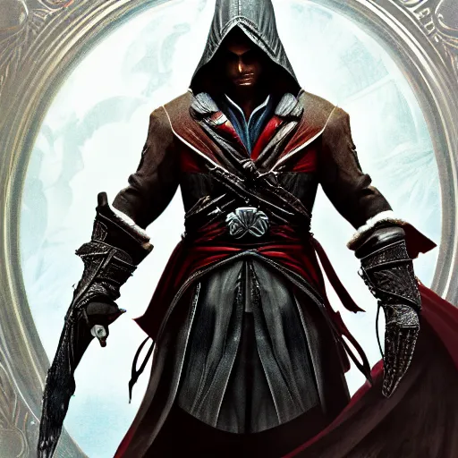 Image similar to an ultra detailed vector image of ezio auditore dressed as the hunter from bloodborne, concept art by alphonse mucha and greg rutkowski, praise the blood moon, octane render, liminal space