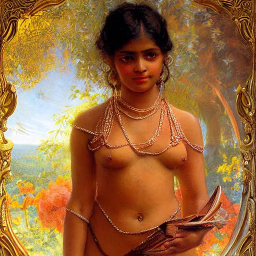 Image similar to detailed potrait 8 0 s srilankan girl with tatoos all over body in baroque style, girl graceful,, painting by gaston bussiere, craig mullins, j. c. leyendecker, lights, art by ernst haeckel, john william godward, hammershøi,,