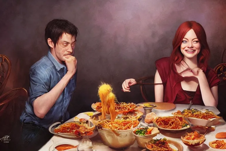 Image similar to emma stone having a spaghetti dinner with michael berryman, an oil painting by ross tran and thomas kincade