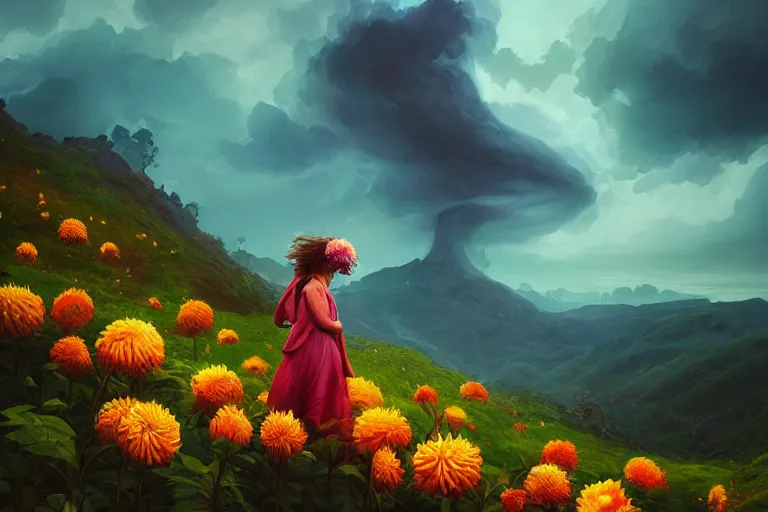 Image similar to face covered giant dahlia flower, girl on mountain, surreal photography, blue storm clouds, dramatic light, impressionist painting, digital painting, artstation, simon stalenhag