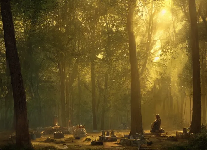 Prompt: atmospheric cinematic artwork of Robin Hood at his camp in Sherwood forest, dusk, sun rays through the trees by Greg Rutkowski, 4k, masterpiece