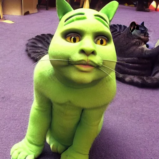 Image similar to a cat dressed as Shrek