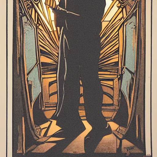 Image similar to a man holds a torch and explores a Dungeon, luminous, Art Nouveau