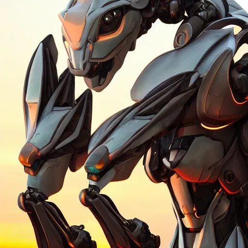 Image similar to bust of a beautiful anthropomorphic robotic mecha female dragon, with smooth and streamlined armor, standing and posing elegantly, well detailed dragon head with LED eyes and a maw, sharp and dangerous sleek design, two arms, two legs, long tail, beautiful digital art, artstation, DeviantArt, FurAffinity, professional, octane render, sunset lighting