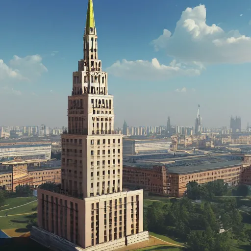 Prompt: moscow state university main building, aerial photography, 4 k, highly detailed art by greg rutkowski, trending on art station, unreal engine