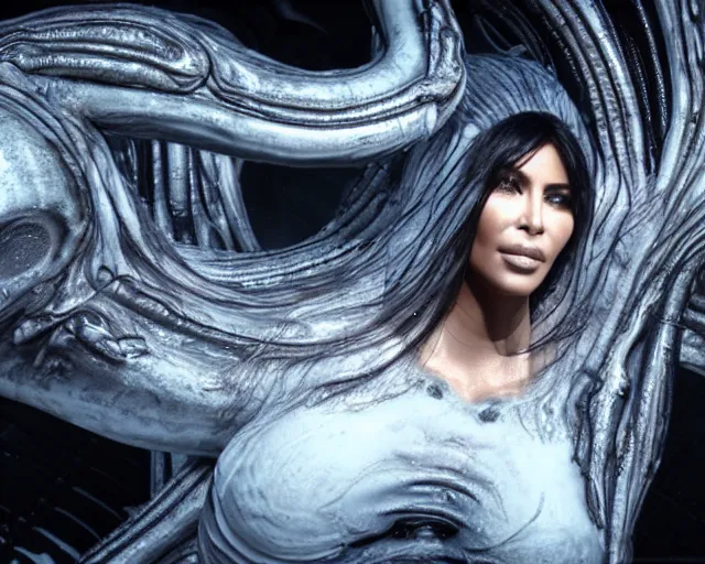 Image similar to cinematic full - body - shot still of kim kardashian being syphon fed by an xenomorph in a transparent alien liquid, wet flowing hair, gooey skin, illustration, unreal engine 5, 8 k, made by h. r. giger.