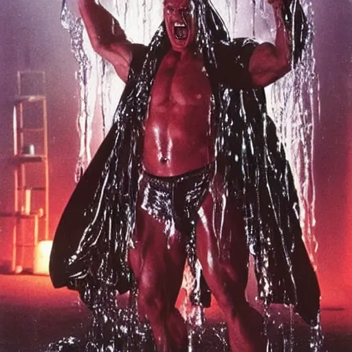 Image similar to 1 9 9 0's wwe publicity photo, a giant muscular man covered in wet reflective slime crawling halfway out of a giant slimy wet cocoon, screaming in agony, inside a secret occult dark evil lab, candles and pentagrams, ultra - detailed, photorealistic