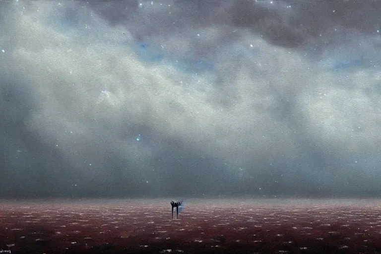 Image similar to Haunting horrifying hyperrealistic detailed painting of an ultrawide landscape showing a tall pale man sitting atop a mountain of humans in a foggy hellscape with spread out lakes of cerulean blue gelatinous liquid reflective and goop, eyeballs bulging, stars in the sky, a galaxy in the sky, dystopian feel, heavy metal, disgusting, creepy, unsettling, in the style of Michael Whelan and Zdzisław Beksiński, lovecraftian, hyper detailed, trending on Artstation