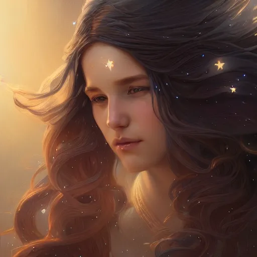 Image similar to girl with super long hair, hair becoming night stars, intricate, highly detailed, digital painting, artstation, concept art, smooth, sharp focus, illustration, unreal engine 5, 8 k, art by artgerm and greg rutkowski and alphonse mucha