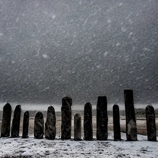 Prompt: 'a portrait of an army of cats sitting in front of the neolithic standing stones, haunting, fog, grainy, snowing, atmospheric clouds'