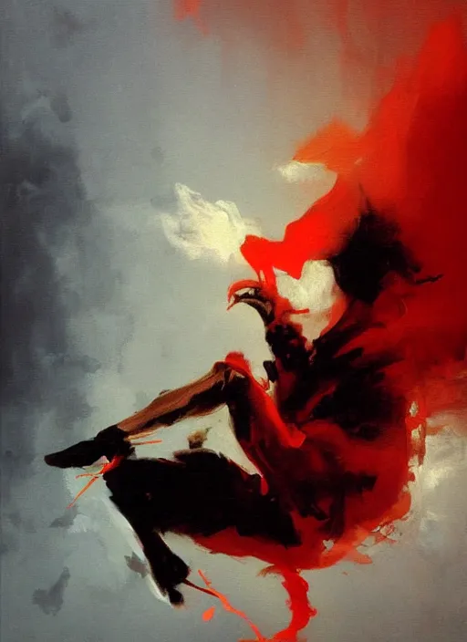 Image similar to pale floating husk in red light, billowing smoke, painting by phil hale, fransico goya,'action lines '!!!, graphic style, visible brushstrokes, motionb blur, blurry, visible paint texture, crisp hd image