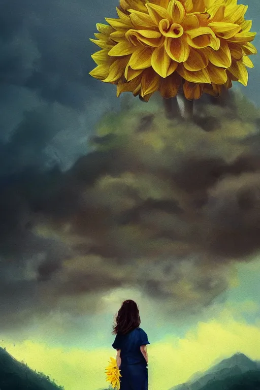 Image similar to closeup girl with huge yellow dahlia flower face, intricate, standing on mountain, surreal photography, blue storm clouds, dramatic light, impressionist painting, digital painting, artstation, simon stalenhag