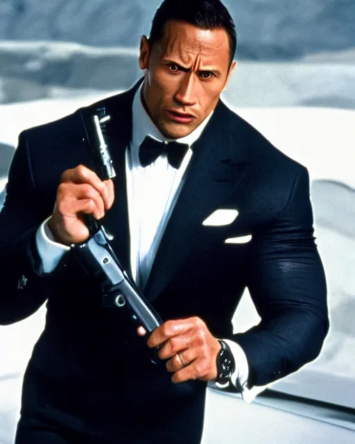 Image similar to Film still close-up shot of Dwayne Johnson as James Bond from the movie Goldeneye. Photographic, photography