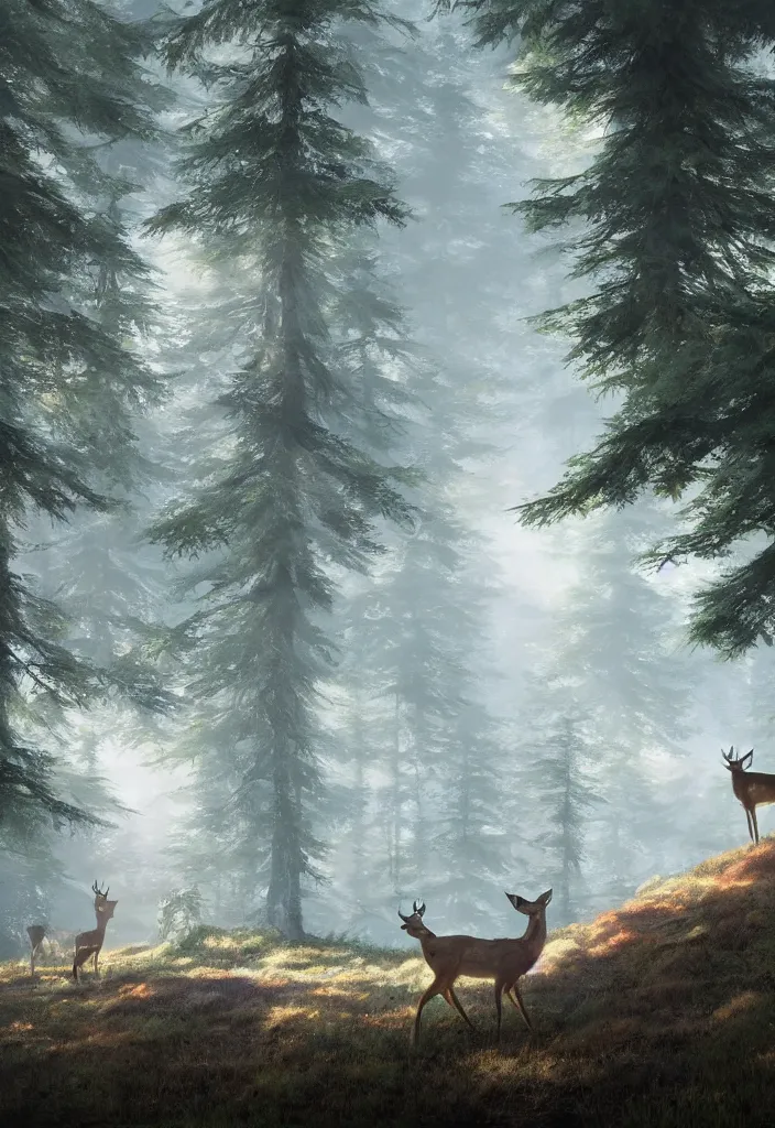 Image similar to deer on the background of a tall spruce forest, painting by Craig Mullins, octane rendering, soft morning lighting, wide angle lens, in the style of Hayao Miyazaki, trending on artstation,